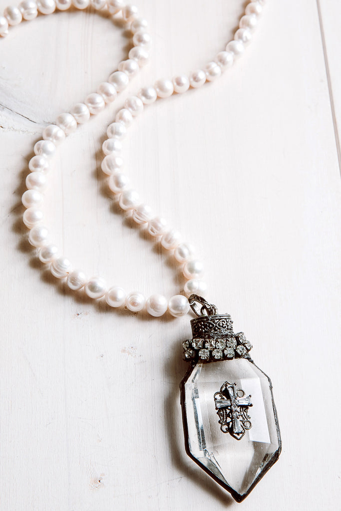 Hand-Soldered Crystal Cross Pendant Necklace with Cross Embellishment on White Freshwater Pearls