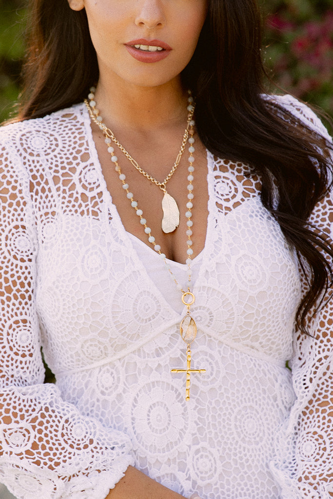 Matte Gold Cross on Sunstone and Amazonite Necklace