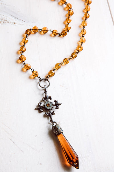 Faceted Crystal Pendant Necklace with Gold Rosary Beads