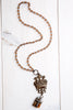 Antique Gold, Vintage Style Crown and Cross Pendant on Golden Peach Rosary Chain Necklace
