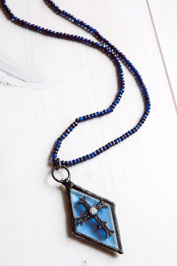 Hand-Soldered Blue Glass Diamond Pendant Necklace with Blue Jade Beads