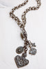 Antique Silver Over Bronze Heart, Cross and Crown Charm Necklace with Metal Chain