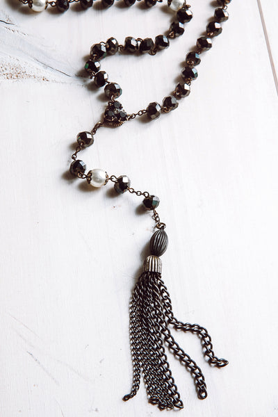 Dark Iridescent Rosary Bead Necklace with Pearls and Brass Tassel