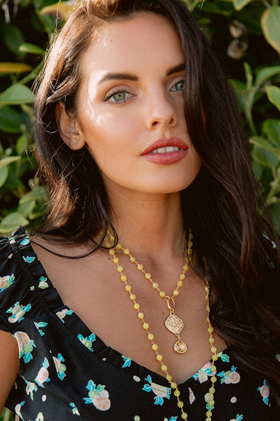 Short Yellow Quartz Necklace with Gold Pendant & Crystal Drop