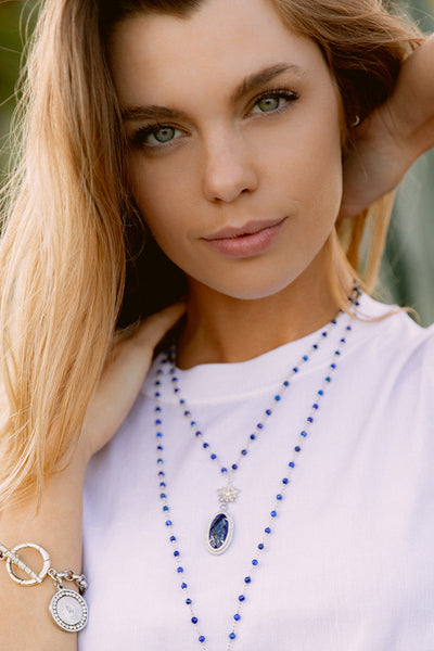 Blue Lapis Micro Pave Crystal Halo Pendant on Blue Lapis and Sterling Silver Rosary Bead Necklace