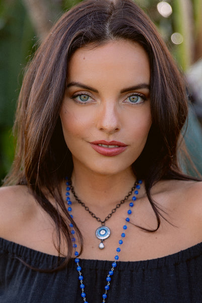 Pave Greek Evil Eye Necklace on Gunmetal Chain