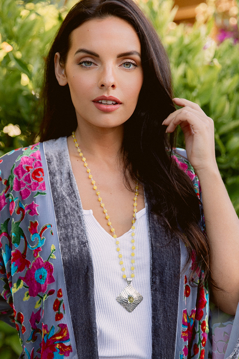 Yellow Citrine & Jade Hammered Silver-Plated Artisan Pendant Necklace