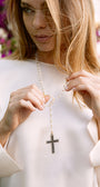Sapphire and White Topaz Turkish Sterling Silver Jeweled Cross Pendant on Crystal Rosary Chain