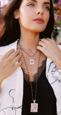 Rose Gold Plated Abstract Micro Pavé Pendant on a Delicate Black Spinel Rosary Chain Necklace
