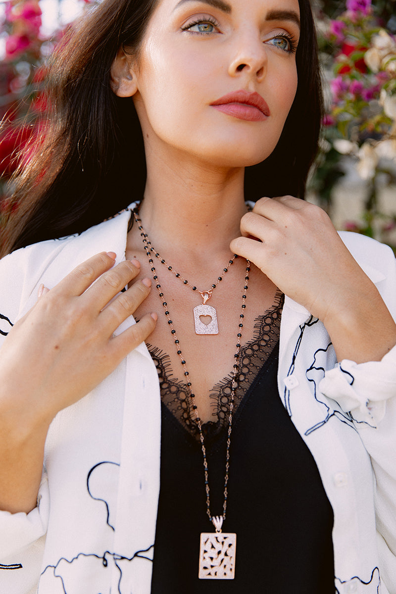Rose Gold Plated Abstract Micro Pavé Pendant on a Delicate Black Spinel Rosary Chain Necklace