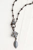 Vintage Style Black Crystal Rosary Chain Necklace with White Pavé Clasp and Maltese Cross Drop
