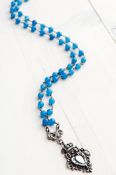 Vintage Renaissance Ornate Armorial Shield Pendant on Blue Quartz Beaded Rosary Chain Necklace