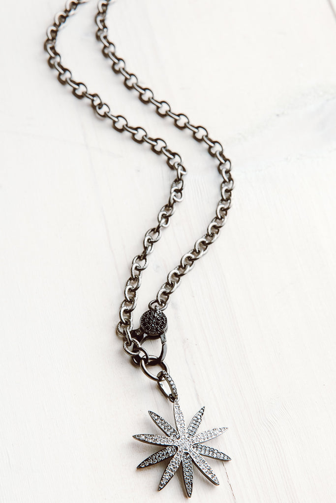 Mixed Metal Sparkling Pavé Flower and Clasp on Gunmetal Chain Necklace