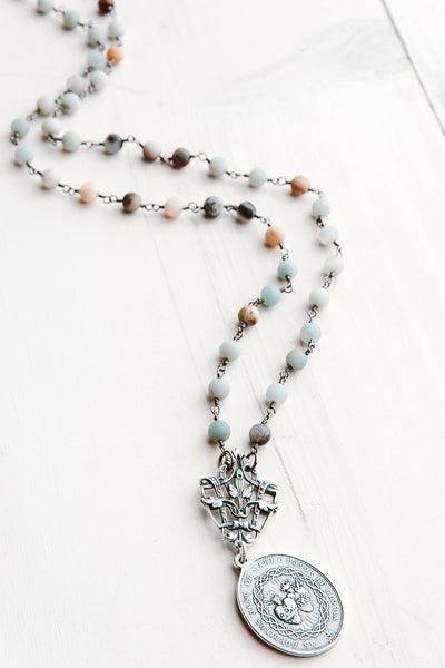 Sacred Heart Coin Pendant on Matte Amazonite Rosary Bead Necklace