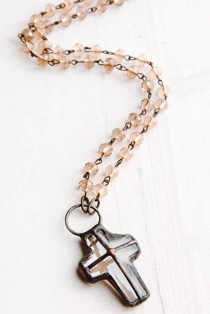 Hand-Soldered Crystal Cross Pendant on Amber Beaded Rosary Chain