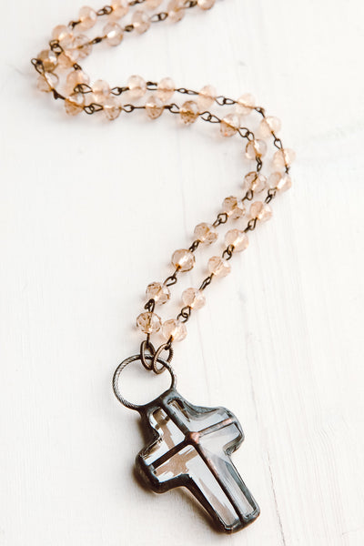 Hand-Soldered Crystal Cross Pendant on Amber Beaded Rosary Chain