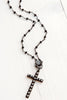 Vintage Style Black Rosary Bead Necklace with Pavé Crystal Clasp and Rhinestone Cross Pendant