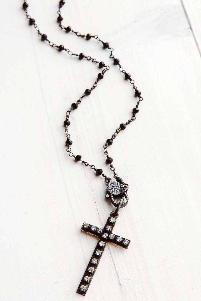 Sari Bead Necklace - coptic cross | black & white | houseofwanderingsilk