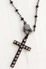 Vintage Style Black Rosary Bead Necklace with Pavé Crystal Clasp and Rhinestone Cross Pendant