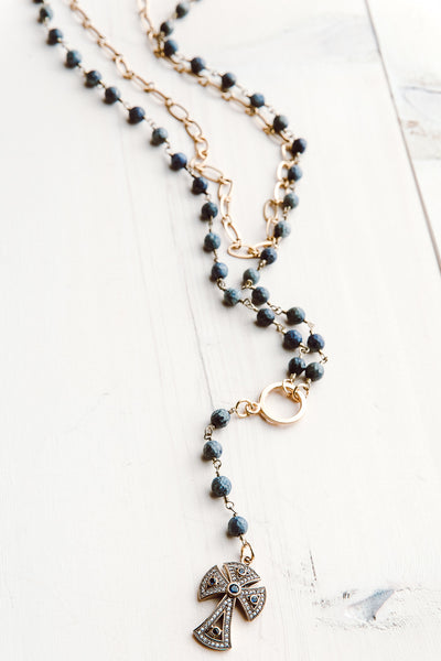 Double Layer Sodalite Gemstone Necklace with Vintage Pavé Sapphire Turkish Cross
