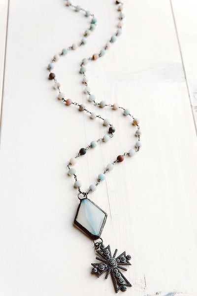 Black Pavé Cross Pendant on Amazonite Rosary Bead Necklace