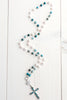 Blue Topaz Sterling Silver Cross Pendant on Amazonite and Pearl Sterling Rosary Chain Necklace