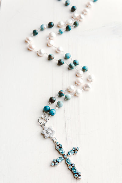Blue Topaz Sterling Silver Cross Pendant on Amazonite and Pearl Sterling Rosary Chain Necklace