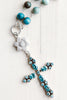 Blue Topaz Sterling Silver Cross Pendant on Amazonite and Pearl Sterling Rosary Chain Necklace