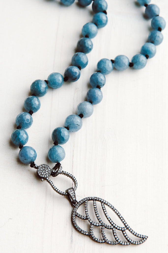 Pavé Angel Wing Pendant & Clasp on Faceted Blue Quartz Necklace