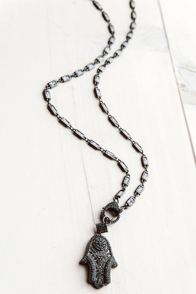 Crystal and Gunmetal Chain Necklace with Pavé Hamsa Pendant