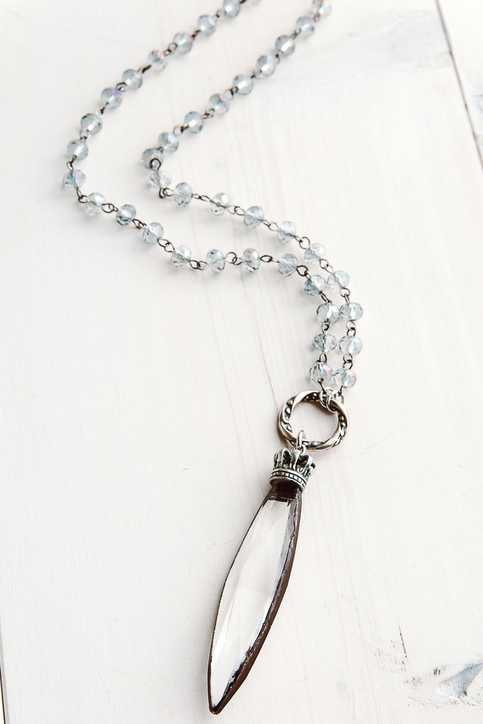 Hand Soldered Crystal Pendant on Iridescent Blue Gray Rosary Bead Necklace