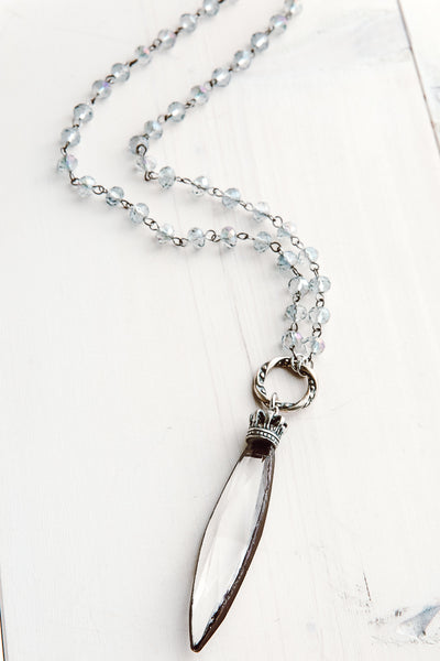Hand Soldered Crystal Pendant on Iridescent Blue Gray Rosary Bead Necklace