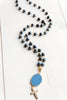 Gold Pavé Cross Drop on Sodalite Rosary Bead Necklace