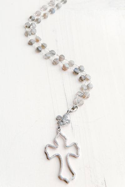 Crystal Pavé Sterling Silver Cross and Fleur de Lis on Labradorite Stone Sterling Silver Necklace