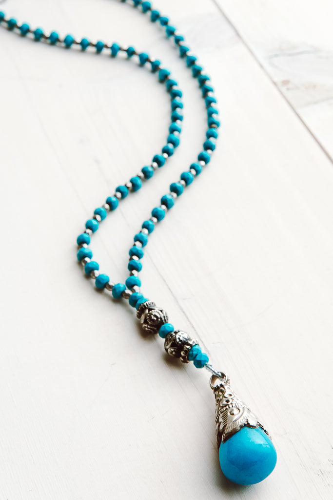 Blue Howlite Tibetan Silver Tear Drop Pendant and Faceted Turquoise Beaded Necklace