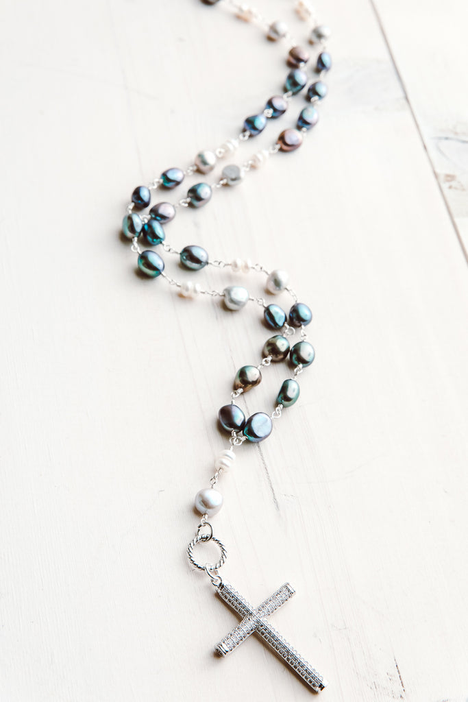 Micro Pavé Sterling Silver Cross Pendant on Multi-color Freshwater Pearl Rosary Chain