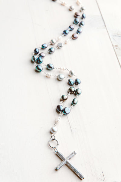 Micro Pavé Sterling Silver Cross Pendant on Multi-color Freshwater Pearl Rosary Chain