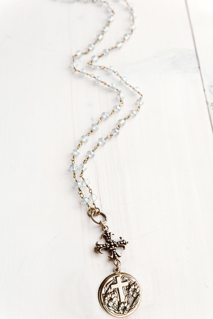 The Lord's Prayer Bronze Pendant on Crystal Gray Rosary Bead Necklace