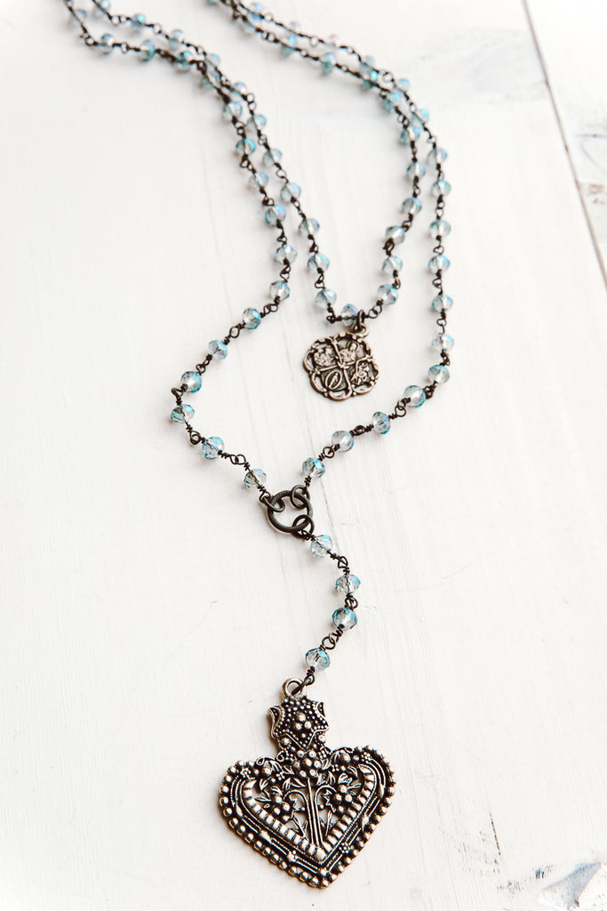 Double Layer Ornate Bronze Heart Pendant Necklace with Iridescent Blue Crystal Beads