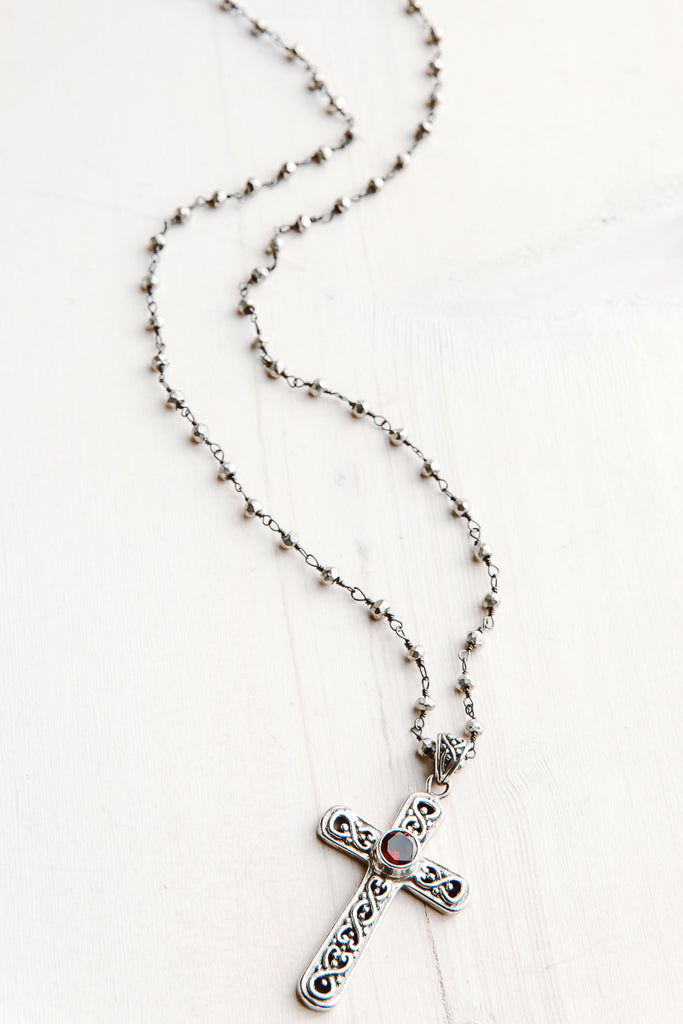 Silver Cross with Garnet Center on Delicate Faceted Silver Rosary Chain