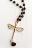 Matte Gold Dragonfly Pendant on Faceted Black Agate Necklace
