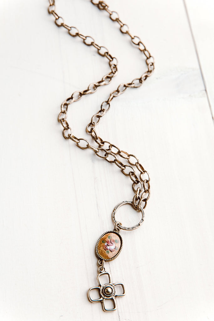 Pure Bronze Chain and Cross on Vintage Floral Drop