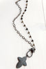 Mixed Rosary Bead & Chain Necklace with Pavé Black Crystal Cross Pendant