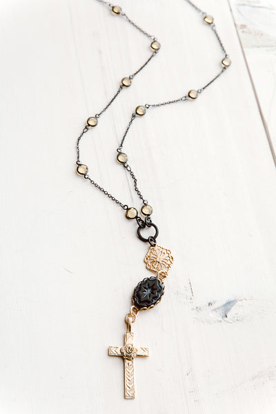 Gunmetal, Gold and Crystal Delicate Cross Pendant Necklace