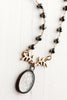 Vintage Embossed Intaglio Crystal Angel Pendant on Hematite and Gold Rosary Chain Necklace