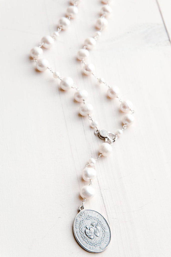 Vintage Medallion Pendant on White Freshwater Pearl and Sterling Silver Y Necklace