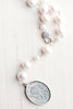 Vintage Medallion Pendant on White Freshwater Pearl and Sterling Silver Y Necklace