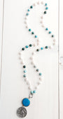 Vintage Silver Medallion with Amazonite Connector on White Pearl and Amazonite Rosary Silver Chain
