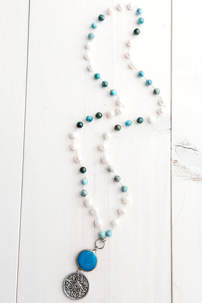 Vintage Silver Medallion with Amazonite Connector on White Pearl and Amazonite Rosary Silver Chain