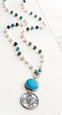 Vintage Silver Medallion with Amazonite Connector on White Pearl and Amazonite Rosary Silver Chain